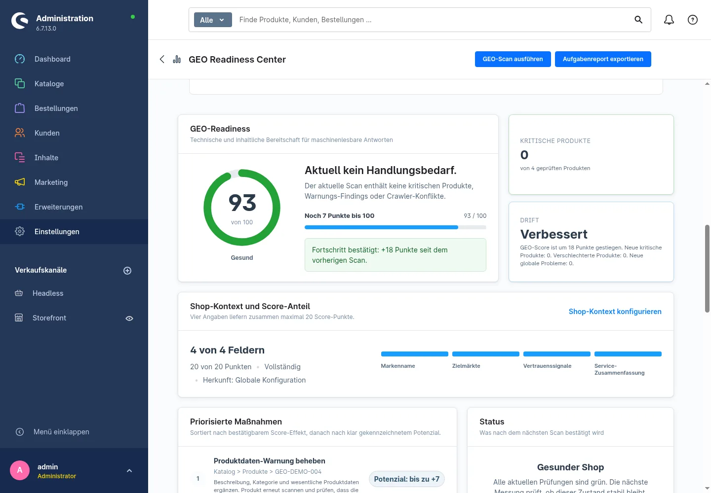 Dashboard des GEO Readiness Center mit Score 93 von 100, null kritischen Produkten und dem Vermerk Verbessert seit dem letzten Scan