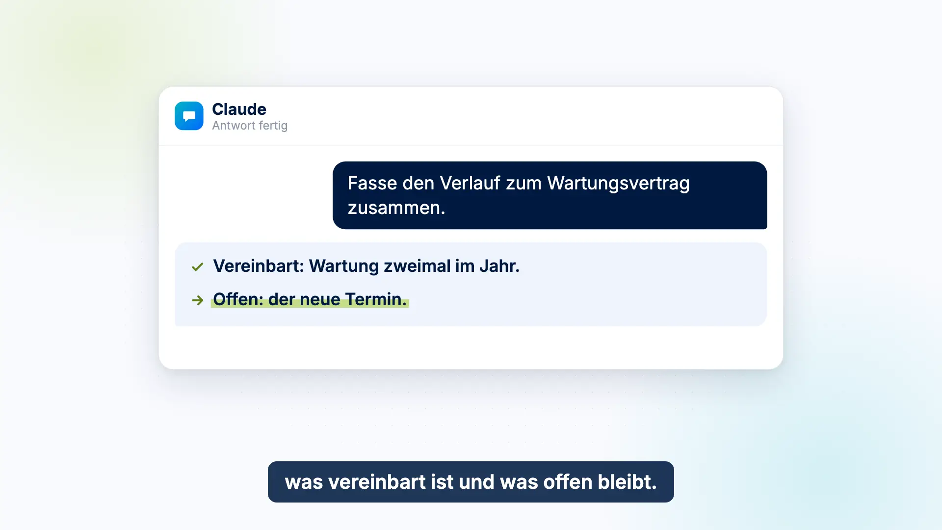 Vorschau des Erklärvideos: Ein KI-Assistent fasst einen Mailverlauf zum Wartungsvertrag aus dem verbundenen Postfach zusammen.